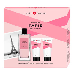 Pret A Porter Paris zestaw woda perfumowana spray 100ml + balsam do ciała 50ml + żel pod prysznic 50ml