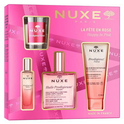 Nuxe Happy In Pink zestaw suchy olejek regenerujący 100ml + żel pod prysznic 100ml + perfumy 15ml + świeca zapachowa 60g