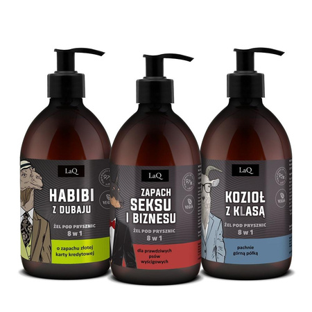 LaQ Czyściopak Męski zestaw żel pod prysznic Habibi z Dubaju 500ml + żel pod prysznic Doberman 500ml + żel pod prysznic Kozioł z Klasą 500ml
