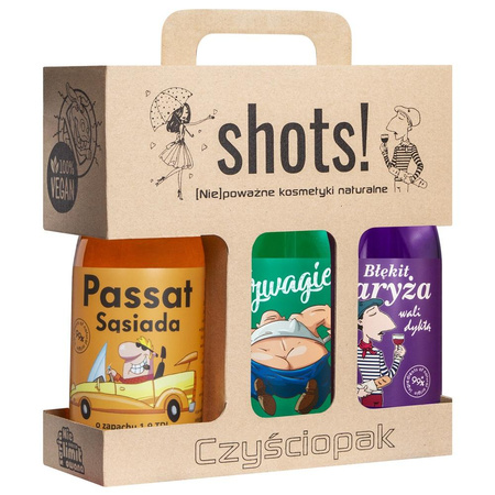 LaQ Czyściopak Shots! Męski zestaw Passat Sąsiada żel pod prysznic 500ml + Szwagier żel pod prysznic 500ml + Błękit Paryża żel pod prysznic 500ml