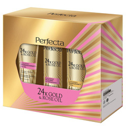 24K Gold &amp; Rose Oil zestaw peeling drobnoziarnisty 75g + tonik nawilżający 200ml + mleczko do demakijażu 200ml