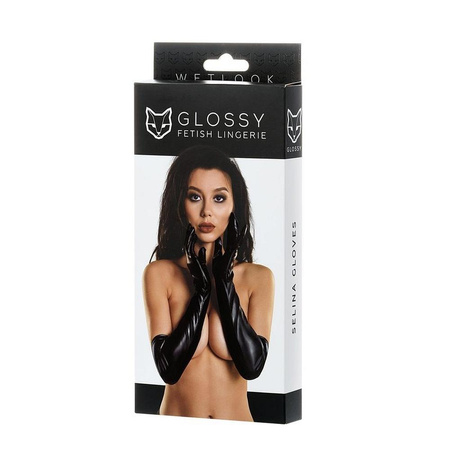Selina błyszczące rękawiczki za łokieć Black M