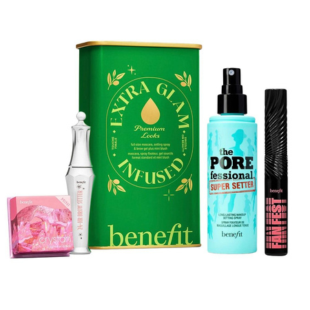 BENEFIT Extra Glam Infused zestaw tusz do rzęs 8.5g + spray utrwalający makijaż 30ml + żel do brwi 7ml + różowo-truskawkowy róż do policzków 2.5g