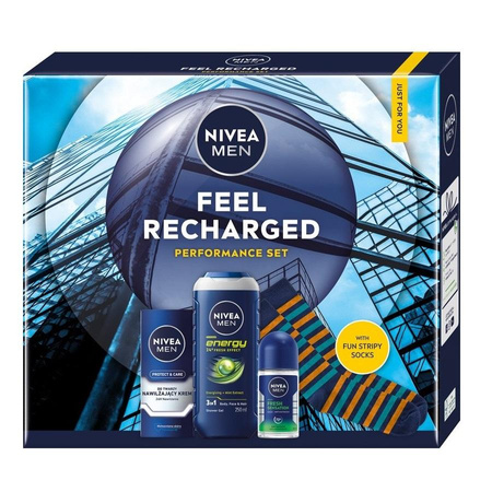 Nivea Men Feel Recharged zestaw nawilżający krem do twarzy 75ml + żel pod prysznic 3w1 250ml + antyperspirant roll-on 50ml