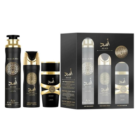 Lattafa Asad zestaw woda perfumowana spray 100ml + dezodorant spray 200ml + odświeżacz powietrza 300ml