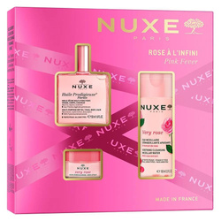 Nuxe Pink Fever zestaw suchy olejek regenerujący 50ml + łagodząca woda micelarna 3w1 100ml + różany balsam do ust 15g
