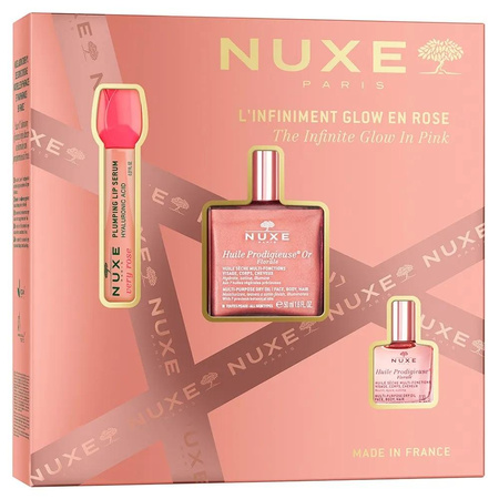 Nuxe The Infinite Glow In Pink zestaw suchy olejek z drobinkami 50ml + nawilżające serum powiększające usta 8ml + suchy olejek 10ml