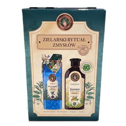 Zielarski Rytuał Zmysłów zestaw szampon Miodowo-Lipowy do każdego rodzaju włosów 350ml + sól do kąpieli Jagoda 700g + opaska do włosów z kokardą 1szt