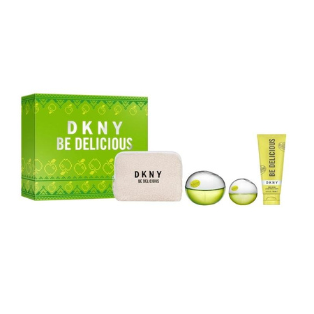 DKNY Be Delicious zestaw woda perfumowana spray 100ml + balsam do ciała 100ml + woda perfumowana spray 15ml + kosmetyczka