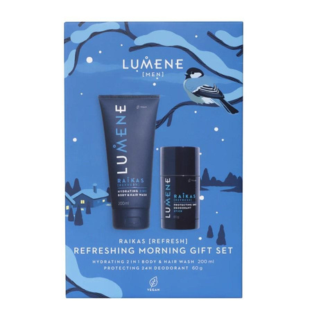 Lumene Men Raikas Refreshing Morning zestaw Hydrating 2in1 Body & Hair Wash żel pod prysznic 200ml + Protecting 24H Deodorant Stick dezodorant w sztyfcie 60g