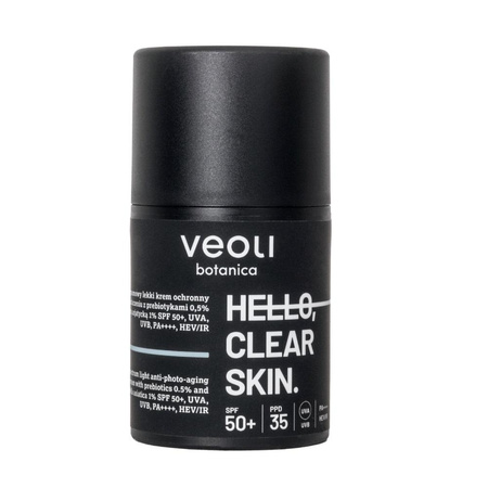 Hello Clear Skin szerokopasmowy lekki krem ochronny przeciw fotostarzeniu z prebiotykami 0.5% i wąkrotą azjatycką 1% SPF50+ 50ml