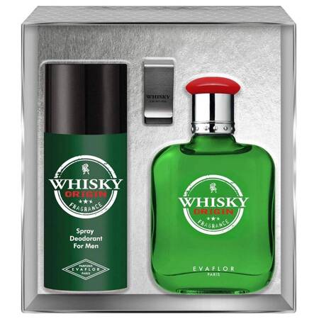 Evaflor Whisky Origin zestaw EDT spray 100ml + DEO spray 150ml + klips