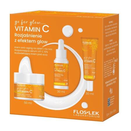 FlosLek go for glow…VITAMIN C Rozjaśnienie z efektem glow zestaw krem anti-aging na dzień i na noc 50ml + rozjaśniające serum Vit C 10% 30ml + rozświetlający krem pod oczy 30ml