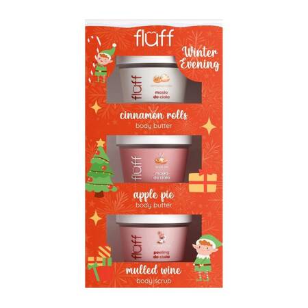 Fluff Winter Evening zestaw peeling do ciała Grzane Wino 100ml + masło do ciała Szarlotka 100ml + masło do ciała Bułeczki Cynamonowe 100ml